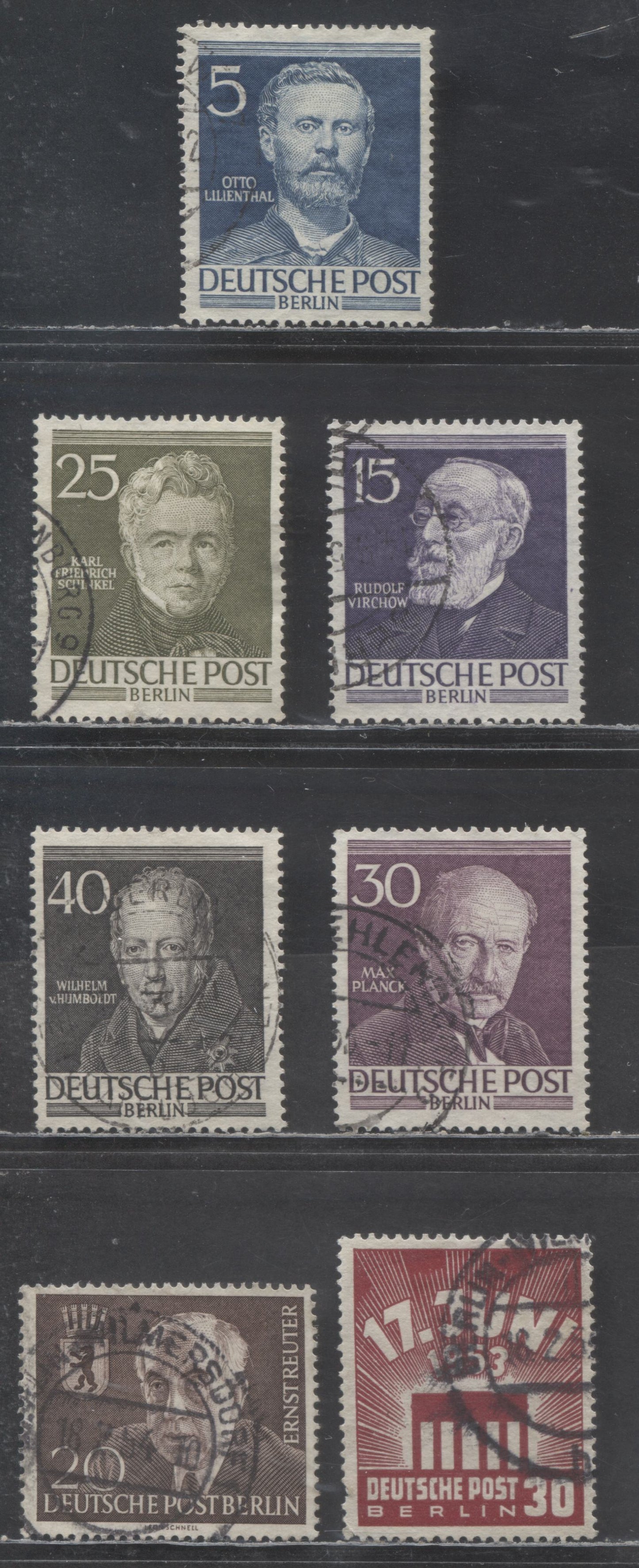 Lot 44 Germany - Berlin SC#9N85/9N104 1952-1954 Portraits - Erst Reuter Issues, 7 Fine/Very Fine Used Singles, Click on Listing to See ALL Pictures, Estimated Value $26