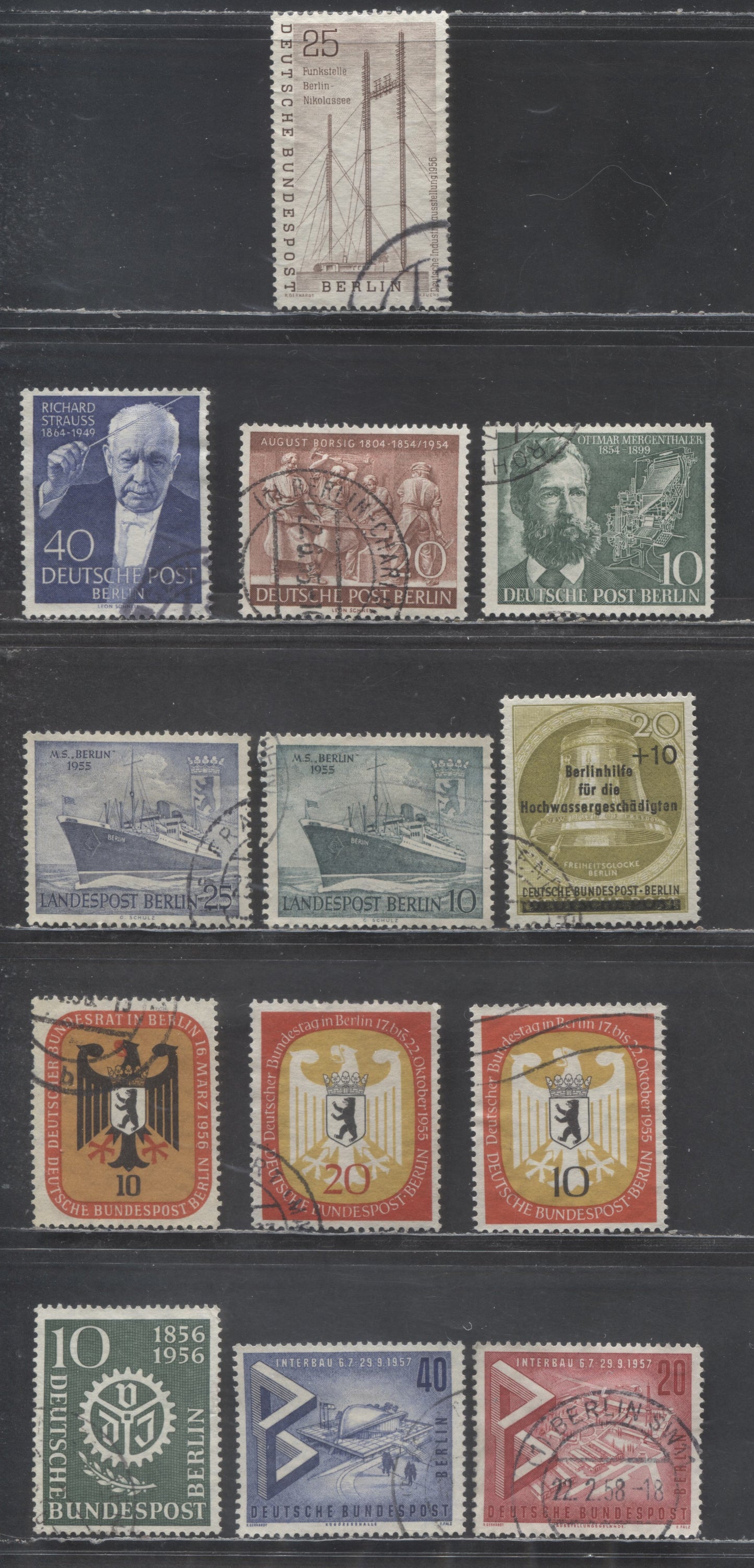 Lot 45 Germany - Berlin SC#9N105/9NB117 1954 Ottmar Mergenthaller - International Building Show Berlin Issues, 13 Fine/Very Fine Used Singles, Click on Listing to See ALL Pictures, Estimated Value $25