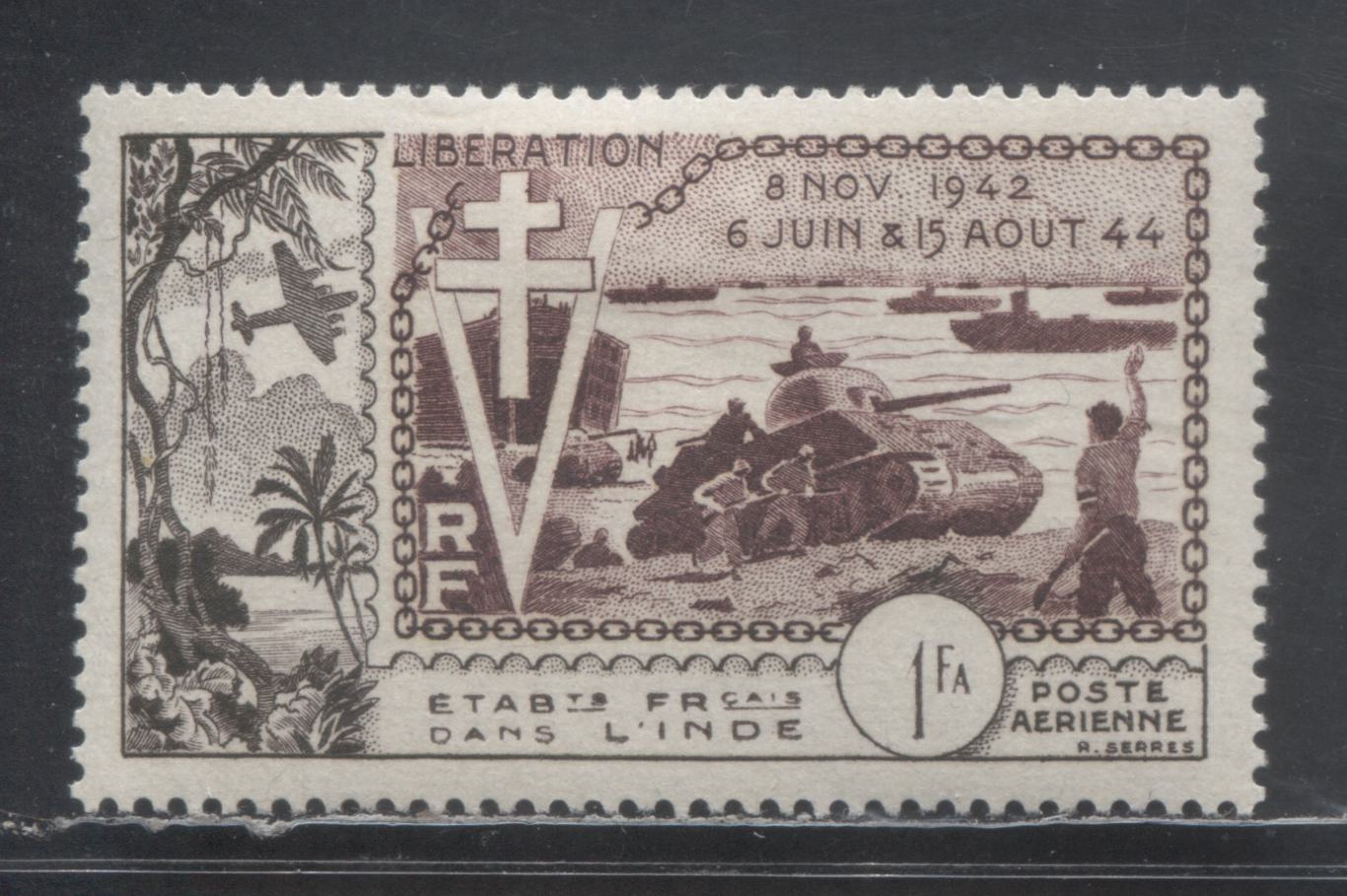 Lot 5 French India SC#C18 1fa Sepia & Violet Brown 1954 Liberation Issue Airmail, A VFOG Single, Click on Listing to See ALL Pictures, Estimated Value $6