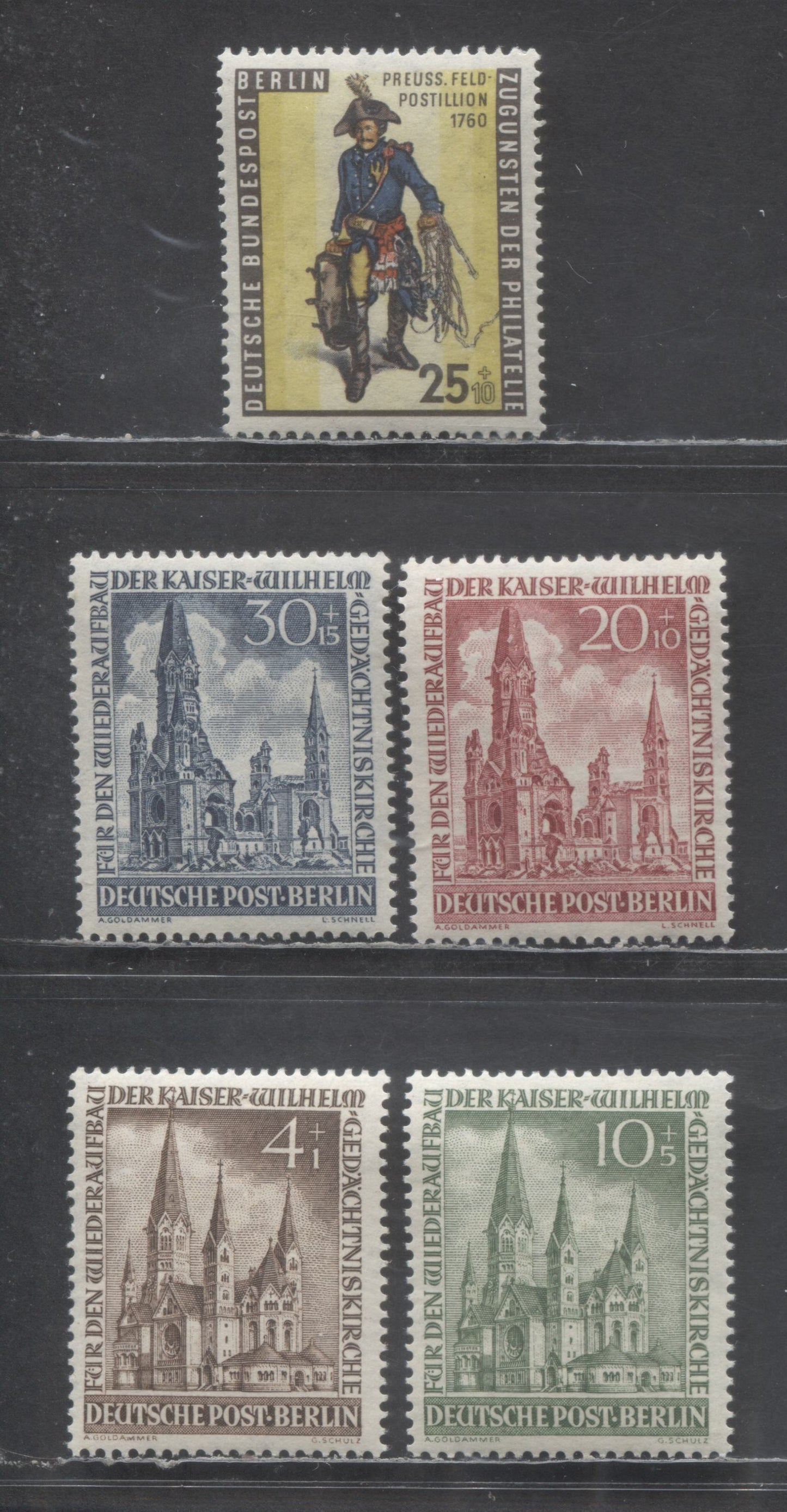 Lot 52 Germany - Berlin SC#9NB8/9NB13 1953-1955 Reconstruction Of Kaiser Wilhelm Church - Semi Postals, 5 VFNH Singles, Click on Listing to See ALL Pictures, 2022 Scott Cat. $23