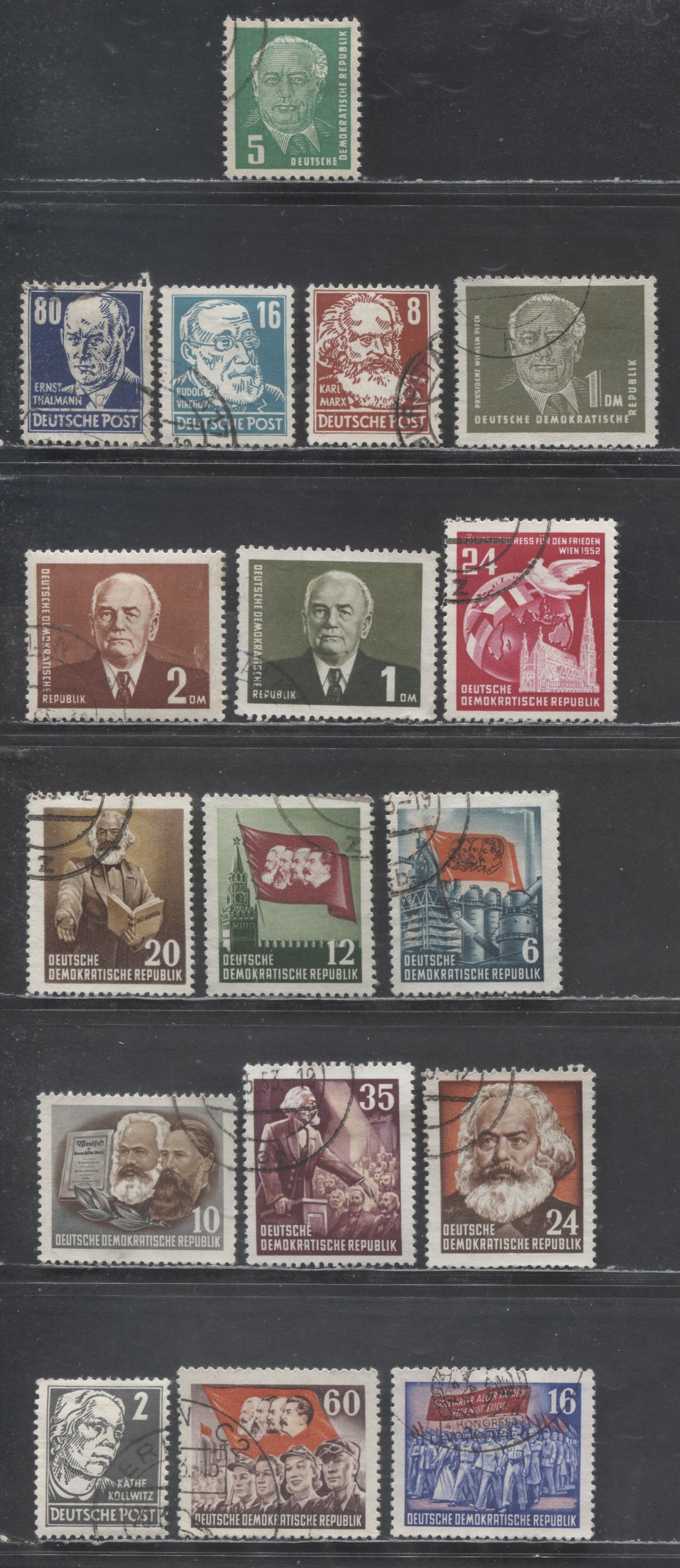 Lot 57 German Democratic Republic SC#113/145 1953 Pieck - Karl Marx & Engels Issues, DDR & Posthorn Wmk, 17 Very Fine Used Singles, Click on Listing to See ALL Pictures, 2022 Scott Cat. $51.5