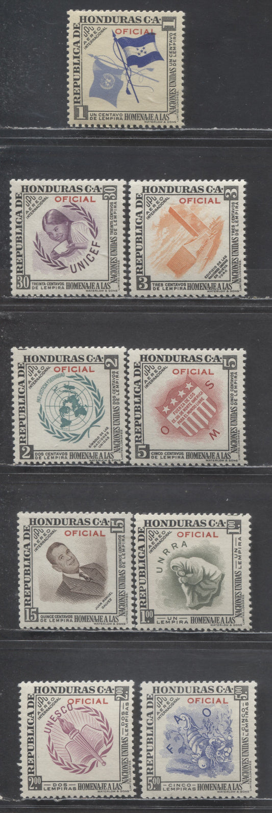 Lot 87 Honduras SC#CO60-CO68 1953 United Nations Airmail Officials, 9 VFNH Singles, Click on Listing to See ALL Pictures, 2022 Scott Cat. $22.2