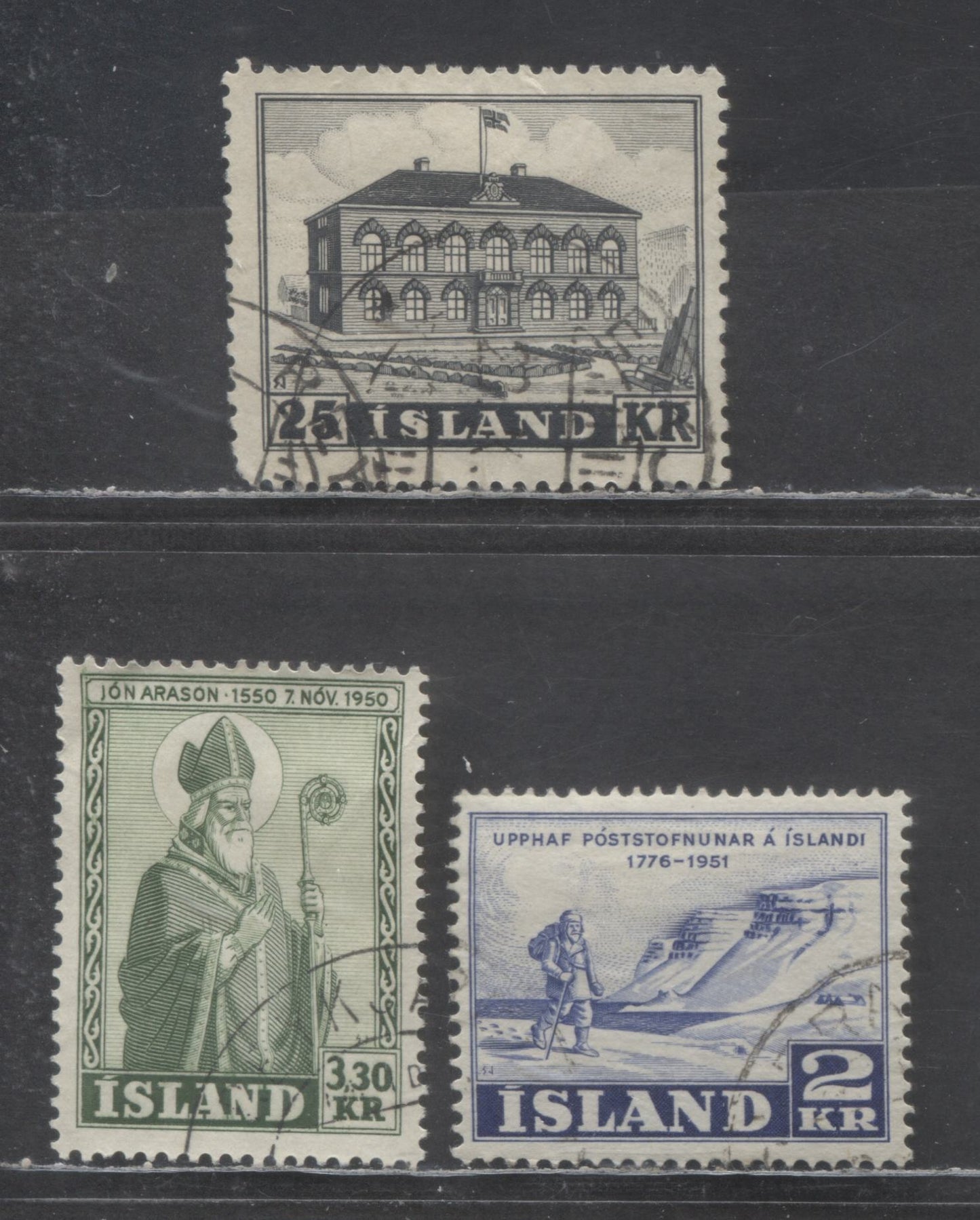 Lot 94 Iceland SC#270/273 1950-1952 Bishop Jon Arason - Parliamanet Building, 3 Very Fine Used Singles, Click on Listing to See ALL Pictures, Estimated Value $20