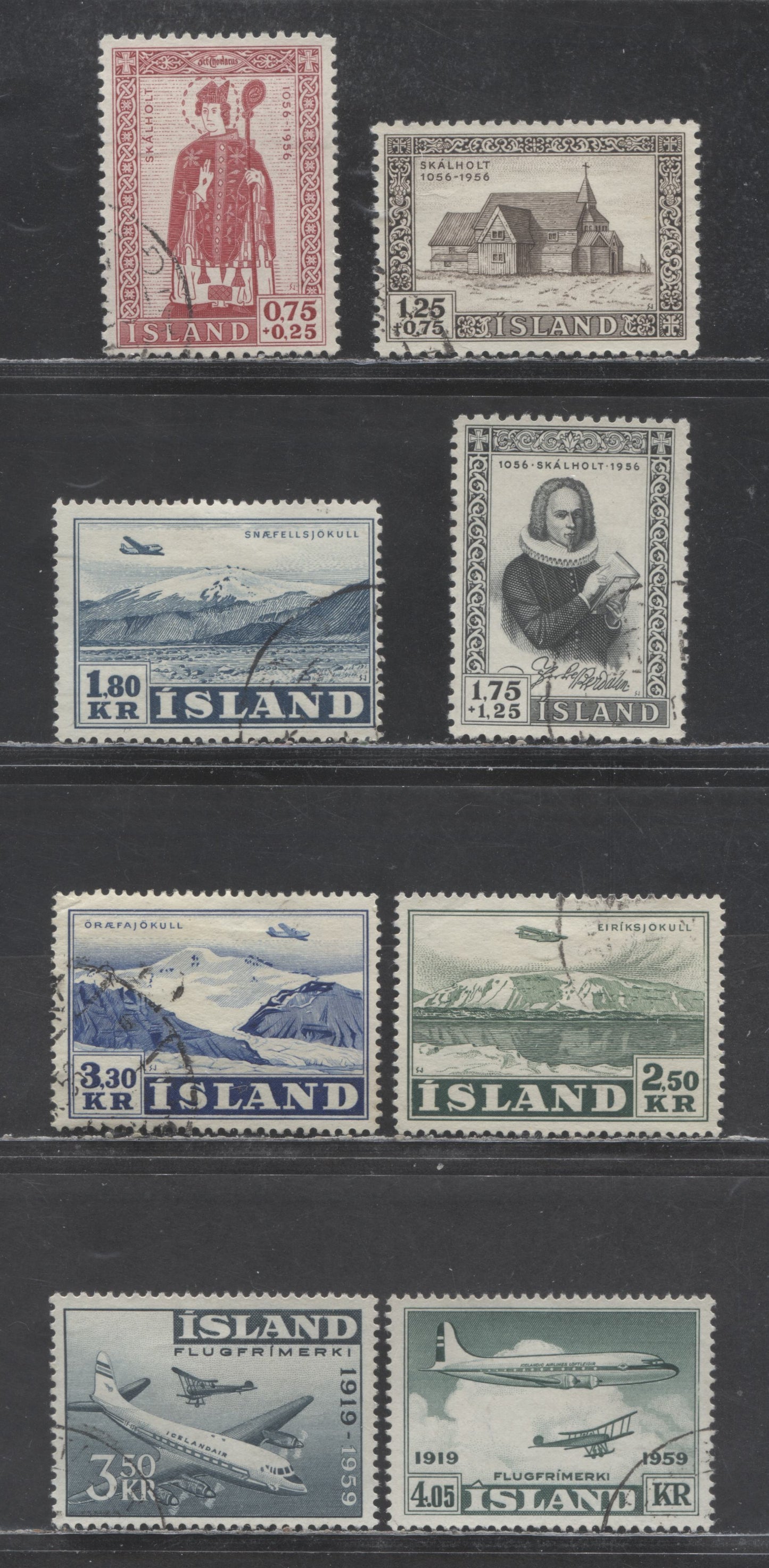 Lot 95 Iceland SC#B14/C31 1952-1959 900th Anniversary Of Bishopric Of Skalholt - Airmail Issues, 8 Very Fine Used Singles, Click on Listing to See ALL Pictures, 2022 Scott Cat. $33.05