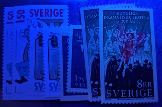 Sweden SC#1336/1693 1980 Chnristmas - 1988 Royal Dramatic Theatre Issues, On NF, DF and LF Papers, 8 VFNH Singles, Click on Listing to See ALL Pictures, Estimated Value $12