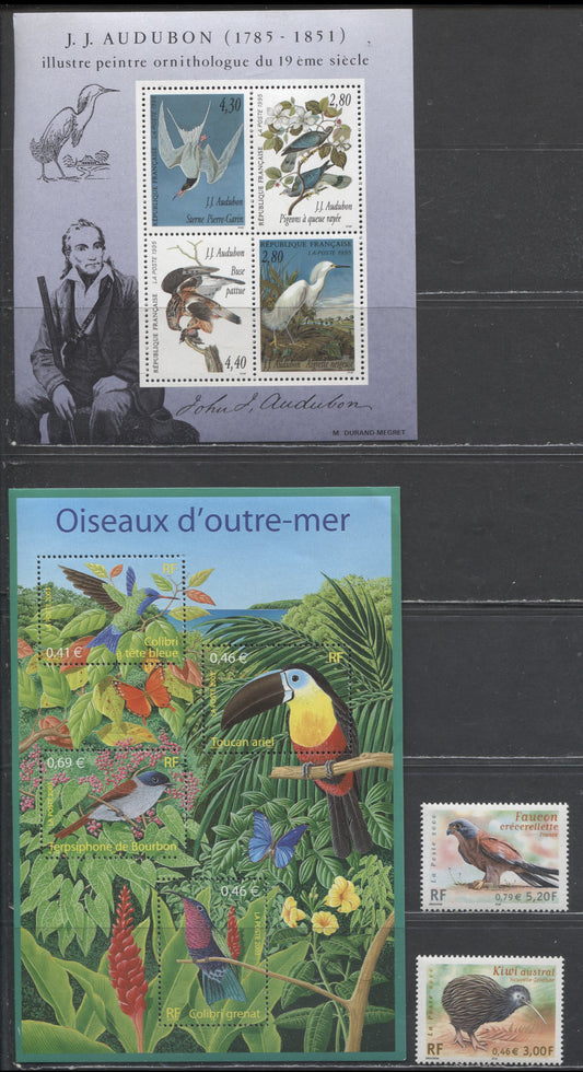Lot 165 France SC#2465a/2791 1995-2003 Audubon Bicentennial - Tropical Birds Issues, 4 VFNH Singles & Souvenir Sheets, Click on Listing to See ALL Pictures, 2017 Scott Cat. $17.9