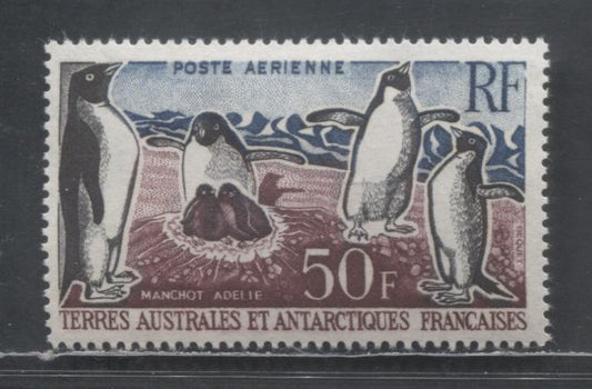 Lot 170 French Southern & Antarctic Territory SC#C4 50f Black, Dark Blue & Deep Claret 1963 Adelie Penguin Airmail Issue, A VFOG Single, Click on Listing to See ALL Pictures, Estimated Value $21