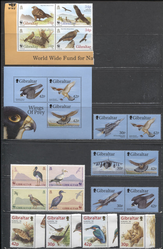 Lot 185 Gibraltar SC#594a/814b 1991-1999 WWF - Wings Of Pray Issues, 10 VFNH Singles, Pairs, Blocks & Souvenir Sheet, Click on Listing to See ALL Pictures, 2017 Scott Cat. $35.55