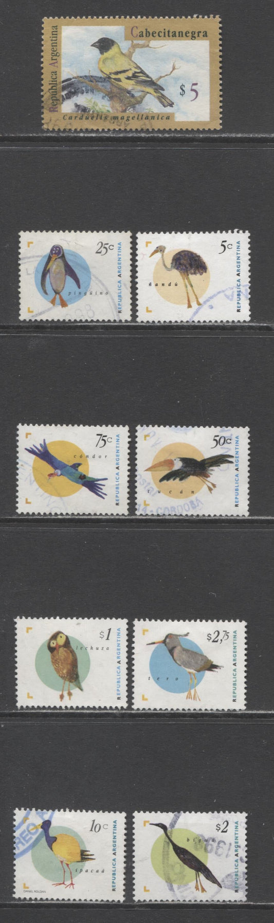 Lot 38 Argentina SC#1876/1958 1995 Carduelis Magellanica - Birds Definitives, 9 Very Fine Used Singles, Click on Listing to See ALL Pictures, 2017 Scott Cat. $17.6
