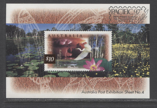 Lot 41 Australia SC#1535b $10 Multicolored 1999 Great Egret Issue, Pacific 97 Overprint, A VFNH Souvenir Sheet, Click on Listing to See ALL Pictures, 2017 Scott Cat. $35