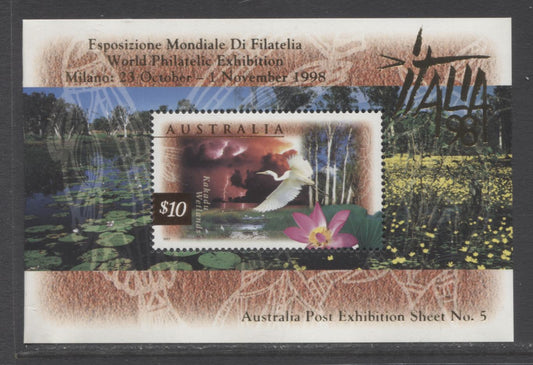 Lot 42 Australia SC#1535c $10 Multicolored 1999 Great Egret Issue, Italia 98 Overprint, A VFNH Souvenir Sheet, Click on Listing to See ALL Pictures, 2017 Scott Cat. $25