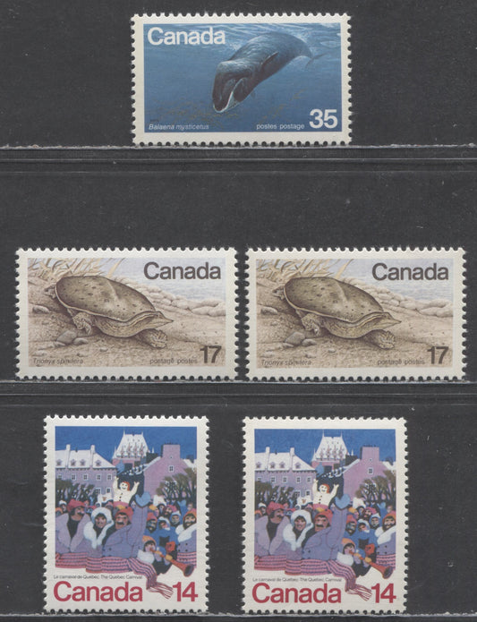 Canada #780, 813, 813iv, 814 14c,17c & 35c Multicolored Winter Carnival Scene, Spiny Soft-Shelled Turtle & Bowhead Whale, 1979 Quebec Carnival & Endangered Wildlife Issues, 5 VFNH Singles On NF/NF, DF/DF & LF/LF-fl Papers