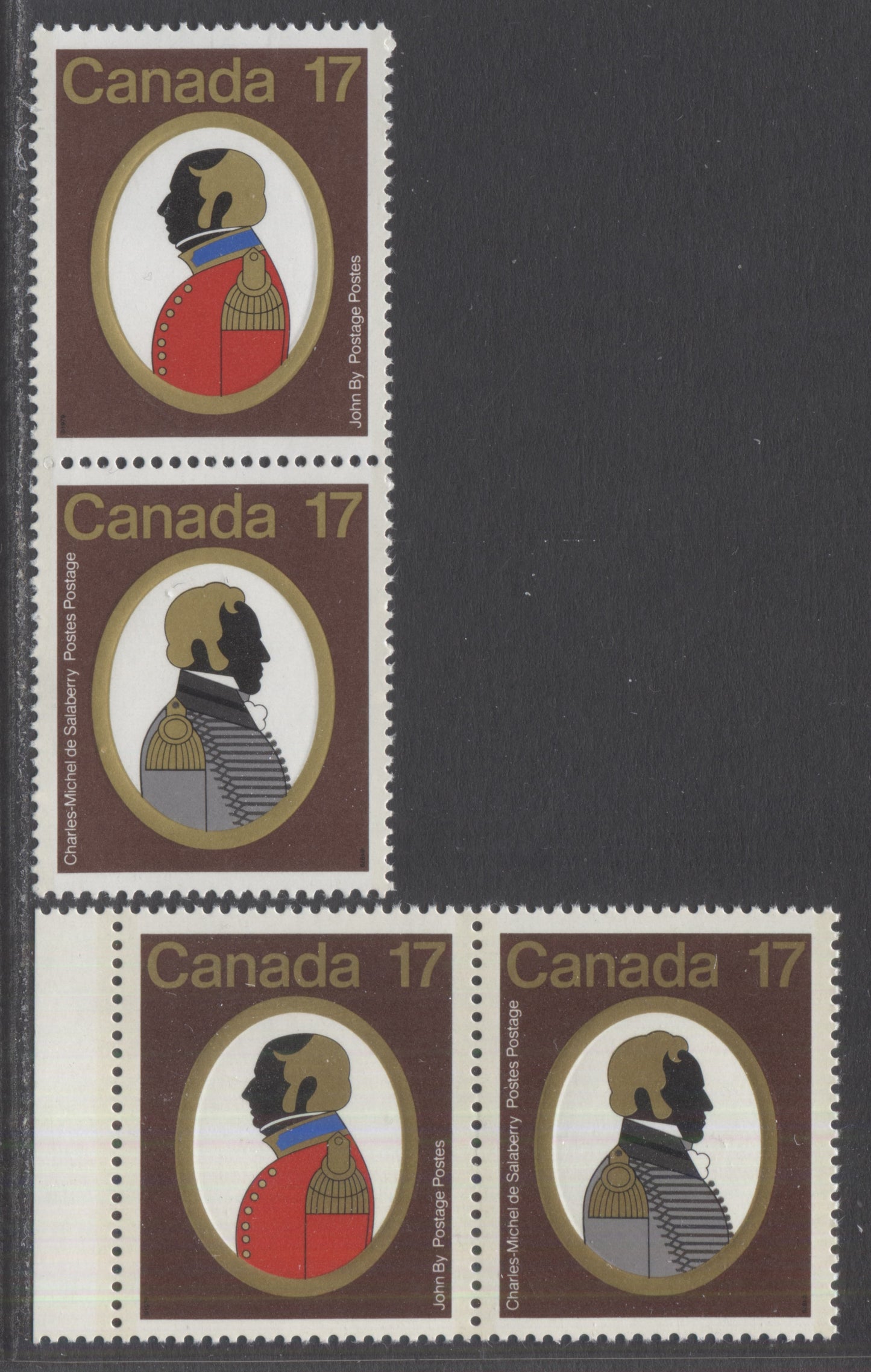 Lot 451 Canada #820avar 17c Multicolored Colonel C.M de Salaberry & Colonel John By, 1979 Canadian Colonels Issue, 2 VFNH Pairs With Yellow Gold & Gold Shifted To The Right Slightly, Not Aligning With Embossing, Normal Pair To Compare
