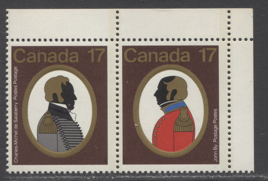 Lot 452 Canada #818avar 17c Multicolored Colonel C.M de Salaberry & Colonel John By, 1979 Canadian Colonels Issue, A FNH Pair On DF/DF Paper With Fluorescent Red Ink On John By's Uniform - Bright Red Instead Of Dark Red Under UV