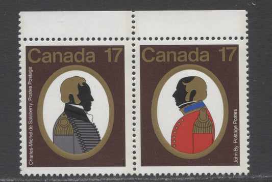 Lot 453 Canada #820aivar 17c Multicolored Colonel C.M de Salaberry & Colonel John By, 1979 Canadian Colonels Issue, A VFNH Pair On LF/LF-fl Paper With Fluorescent Red Ink On John By's Uniform