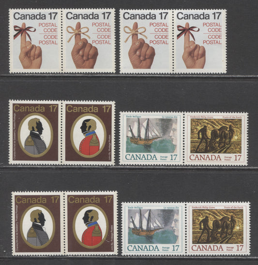 Canada #816a, 818b, 820a,ai 17c Multicolored Hand Ribbons, Fruits Of The Earth, Le Vaisseau D'or & Colonels C.M de Salaberry & John By, 1979 Postal Code, Canadian Authors & Colonel Issues, 6 VFNH Pairs On Different Papers