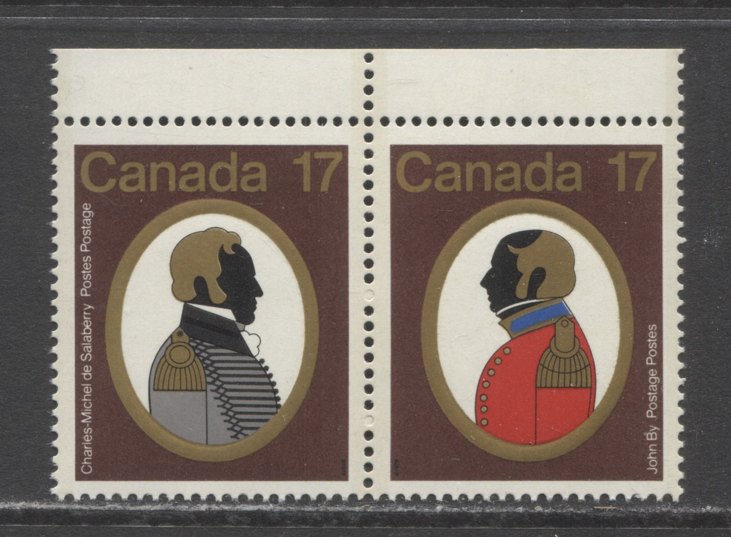 Lot 455 Canada #820avar 17c Multicolored Colonel C.M de Salaberry & Colonel John By, 1979 Canadian Colonels Issue, A VFNH Pair On DF/DF-fl Paper With Fluorescent Ink On John By's Uniform