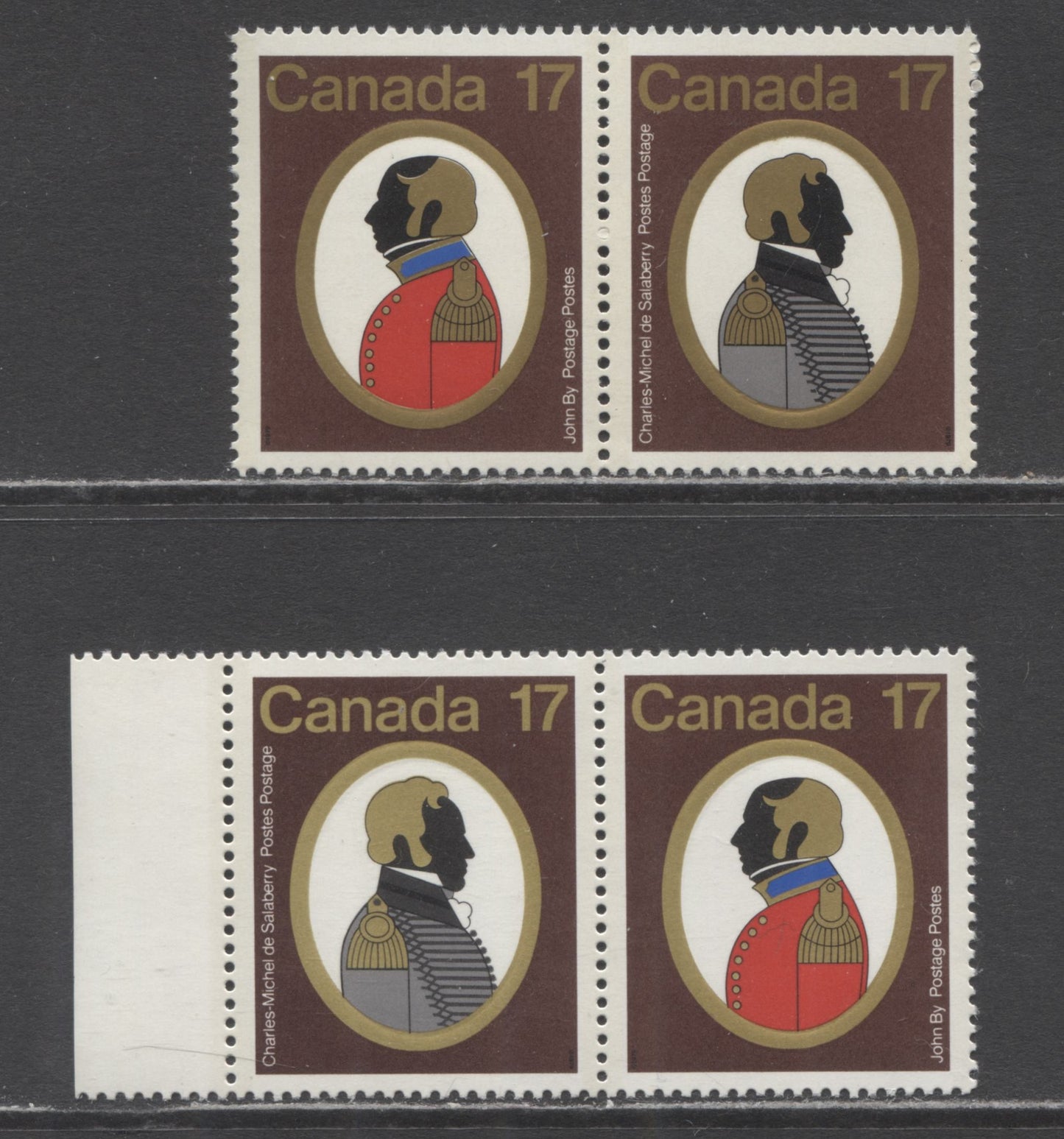 Lot 456 Canada #820avar 17c Multicolored Colonel C.M de Salaberry & Colonel John By, 1979 Canadian Colonels Issue, 2 VFNH Pairs With Yellow Gold Instead Of Normal Deep Gold & Fluorescent Ink On John By's Uniform, Normal For Comparison