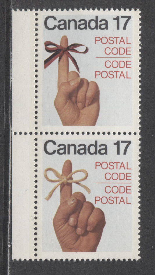 Lot 462 Canada #816avar 17c Multicolored Female Red & Male Yellow Hand Ribbons, 1979 Postal Code Issue, A VFNH Vertical Pair On Scarce LF3/LF3 Paper
