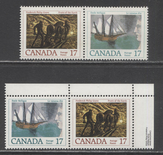 Lot 463 Canada #818b 17c Multicolored Fruits Of The Earth, Le Vaisseau D'or, 1979 Canadian Authors, 2 VFNH Pairs With Two Distinct Water Shades, DF/DF Paper