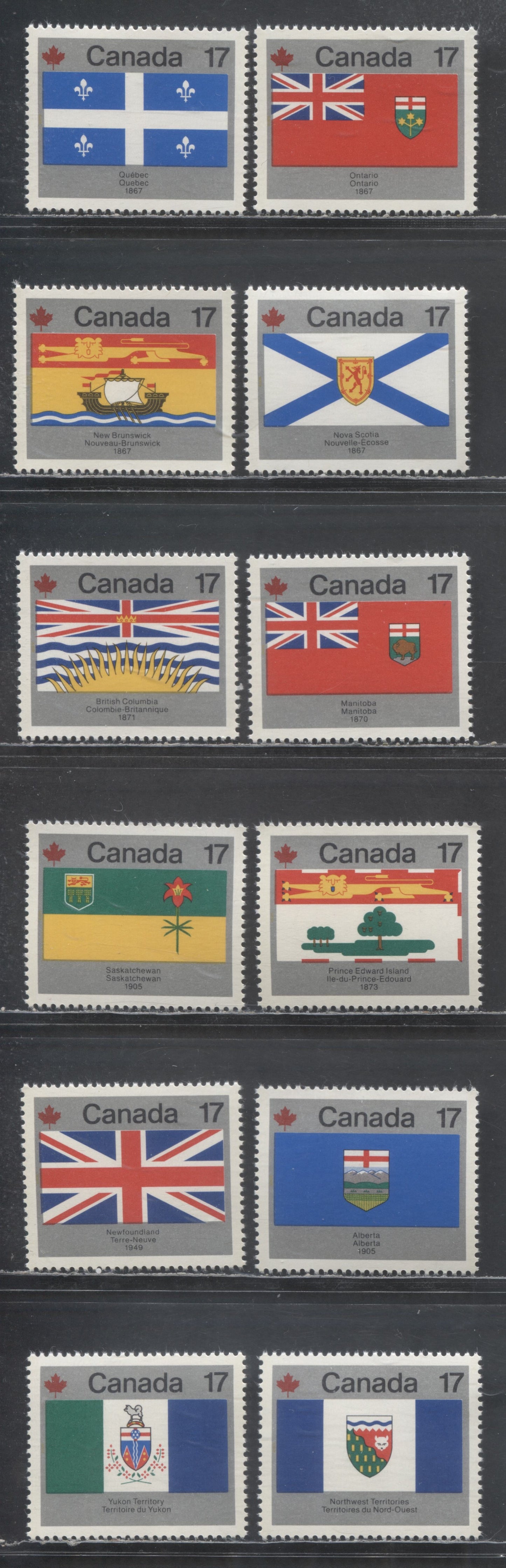 Lot 465 Canada #821-832var 17c Multicolored Ontario-Yukon, 1979 Provincial & Territorial Flags, 12 VFNH Singles On Unlisted DF/LF-fl Paper