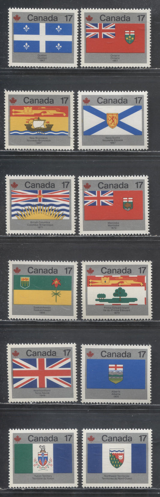 Lot 465 Canada #821-832var 17c Multicolored Ontario-Yukon, 1979 Provincial & Territorial Flags, 12 VFNH Singles On Unlisted DF/LF-fl Paper