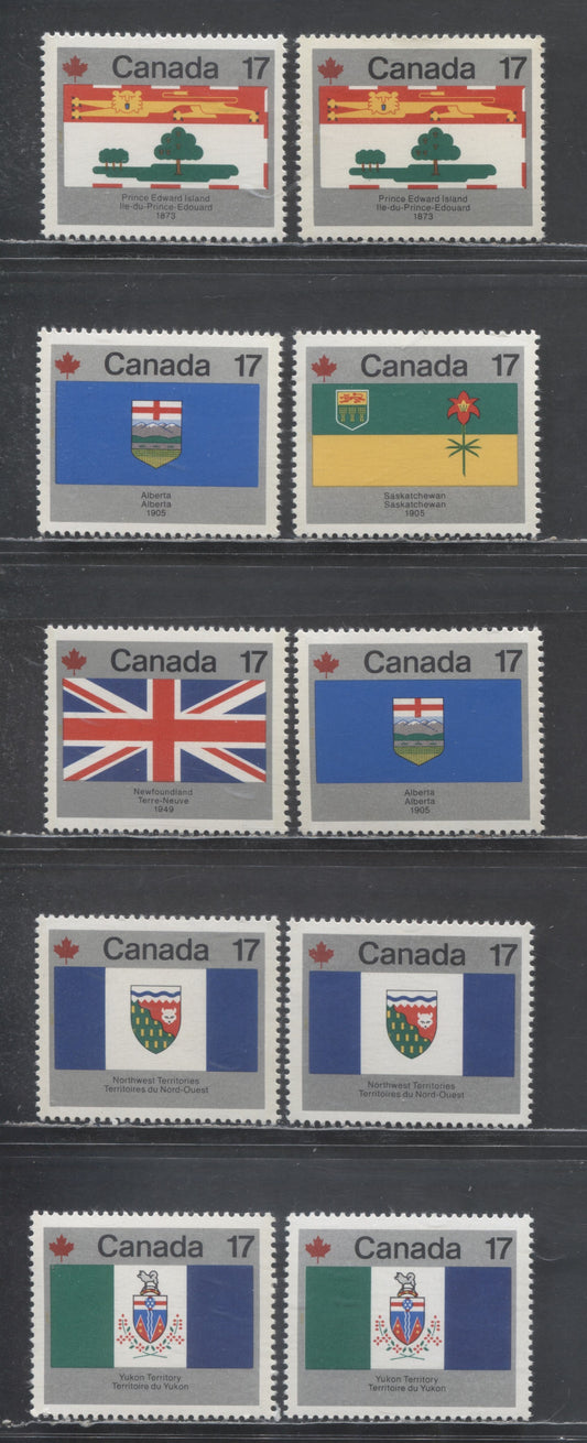 Lot 467 Canada #827-832 17c Multicolored PEI - Yukon, 1979 Provincial & Territorial Flags, 10 VFNH Singles On NF/DF & NF/DF-fl Papers
