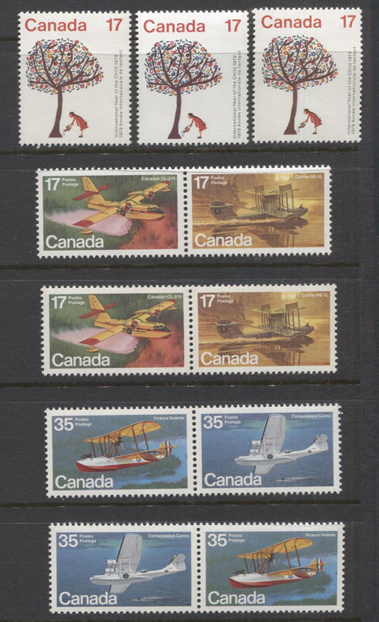 Lot 495 Canada #842, 844a, 846a 17c-35c Multicoloured, 1979 Year Of The Child & Flying Boats, A Specialized Group of VFNH Singles and pairs On NF/NF, DF/DF and DF/LF Papers