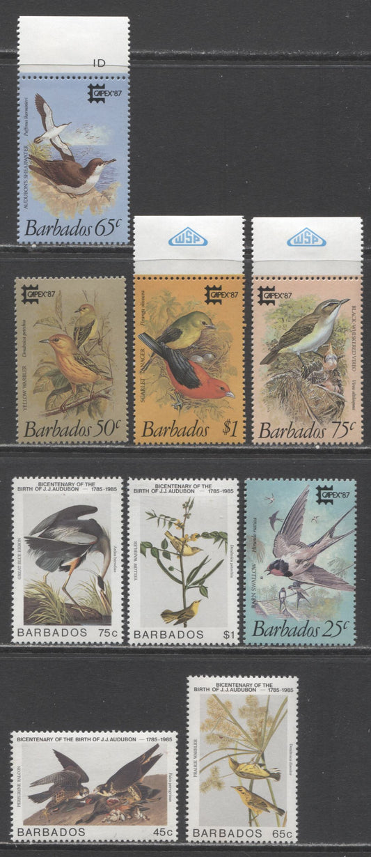 Lot 71 Barbados SC#665/705 1985-1987 Audubon Birth Centenary - CAPEX 87 Issues, 9 VFOG & NH Singles, Click on Listing to See ALL Pictures, Estimated Value $19