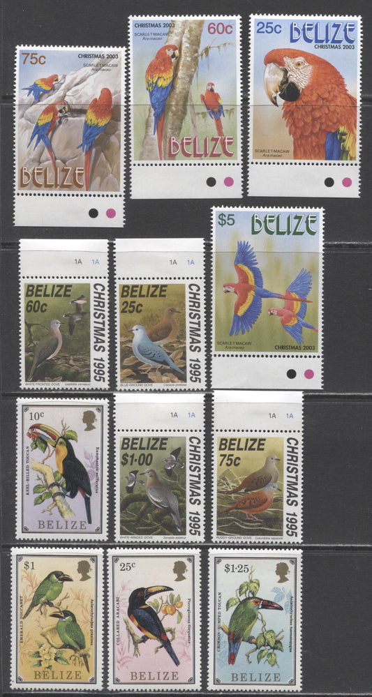 Lot 84 Belize SC#844/1172 1986-2003 Toucans - Scarlet Mccaw Issues, 12 VFNH Singles, Click on Listing to See ALL Pictures, 2017 Scott Cat. $29.05