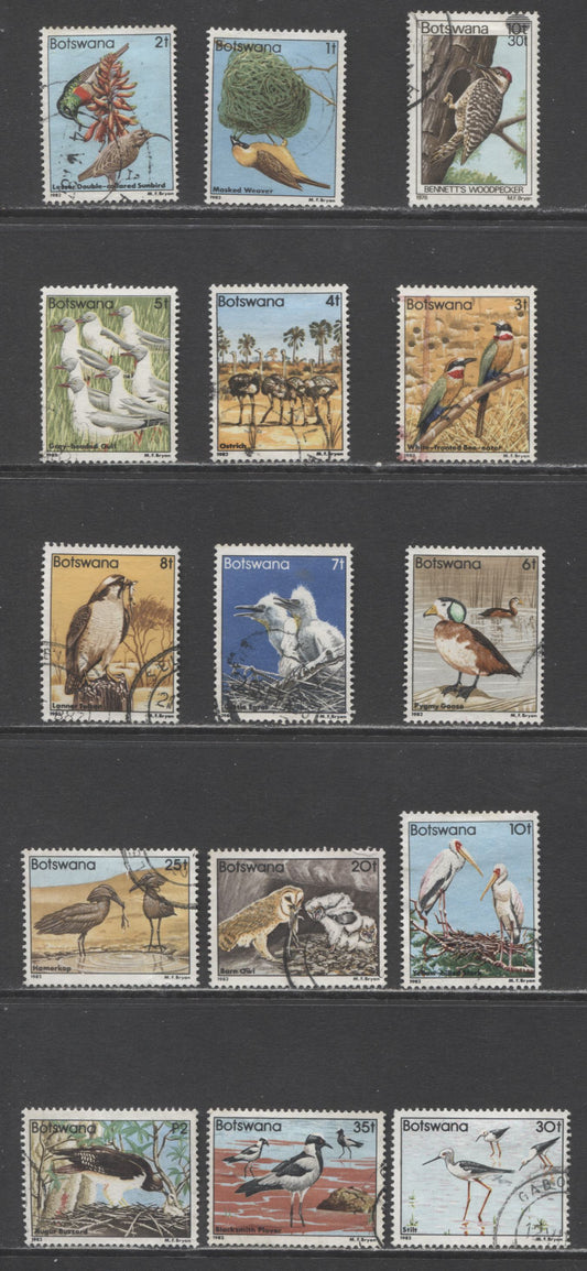 Lot 89 Botswana SC#290/320 1981-1982 Surcharged Birds & Bird Definitives, 15 Very Fine Used Singles, Click on Listing to See ALL Pictures, 2017 Scott Cat. $37.15