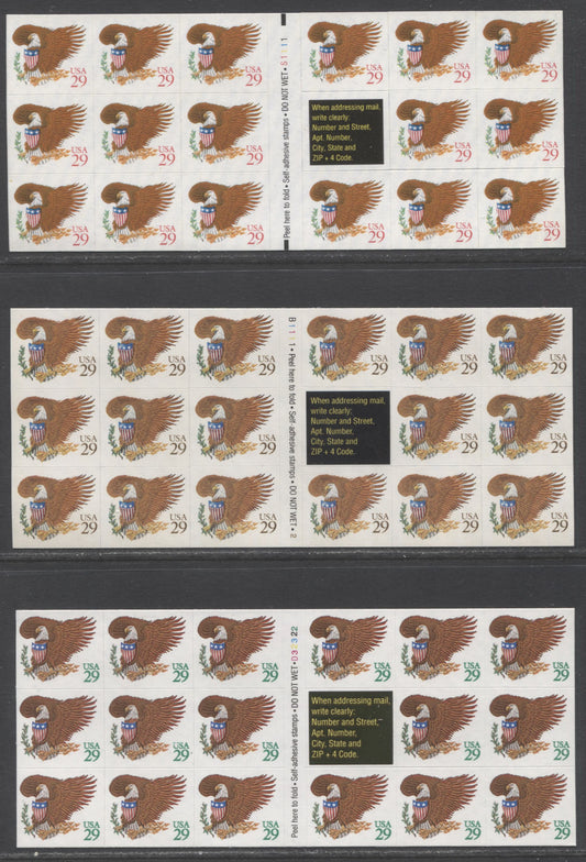Lot 9 United States SC#2595a-2597a 1992 Eagle & Shield Issue, Brown, Red & Green Inscriptions, All With Plate Numbers In The Middle Gutters Of The Pane, 3 VFNH Booklets Of 17+Label, 2017 Scott Cat. $31.5