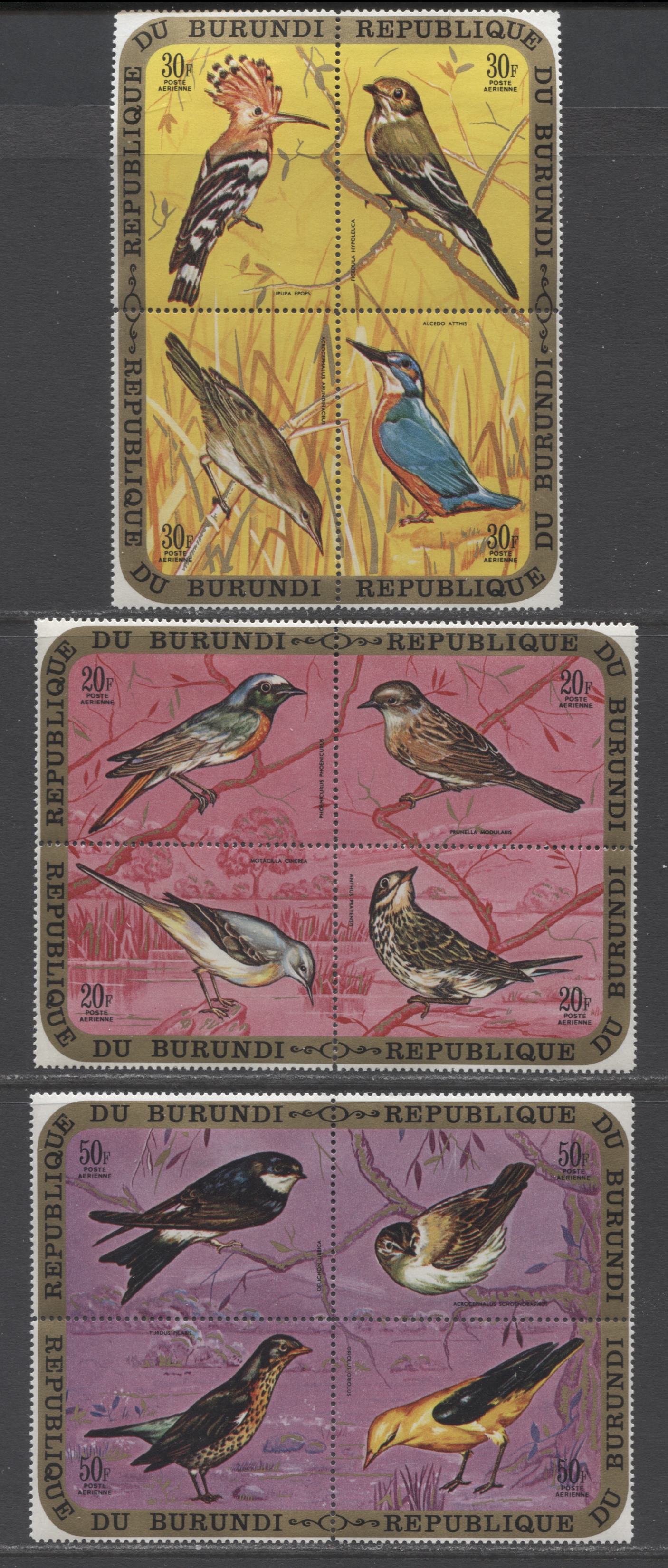 Lot 98 Burundi SC#C135-C137 1970 Bird Airmails, Top Stamp Hinged In Each Block, 3 VFOG & NH Blocks Of 4, Click on Listing to See ALL Pictures, Estimated Value $55