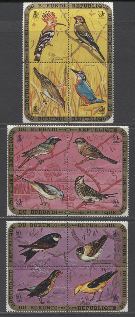 Lot 98 Burundi SC#C135-C137 1970 Bird Airmails, Top Stamp Hinged In Each Block, 3 VFOG & NH Blocks Of 4, Click on Listing to See ALL Pictures, Estimated Value $55