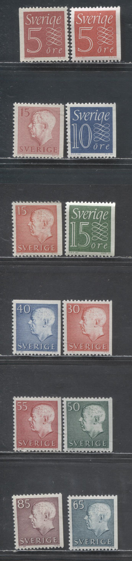 Lot 1 Sweden SC#513/672F 1957-1971 Numerals & Gustav VI Adolf Definitive Issue, Including Both Deep Red and Red Shades of 5 Ore, 12 VFNH Singles, Click on Listing to See ALL Pictures, 2017 Scott Cat. $10.75