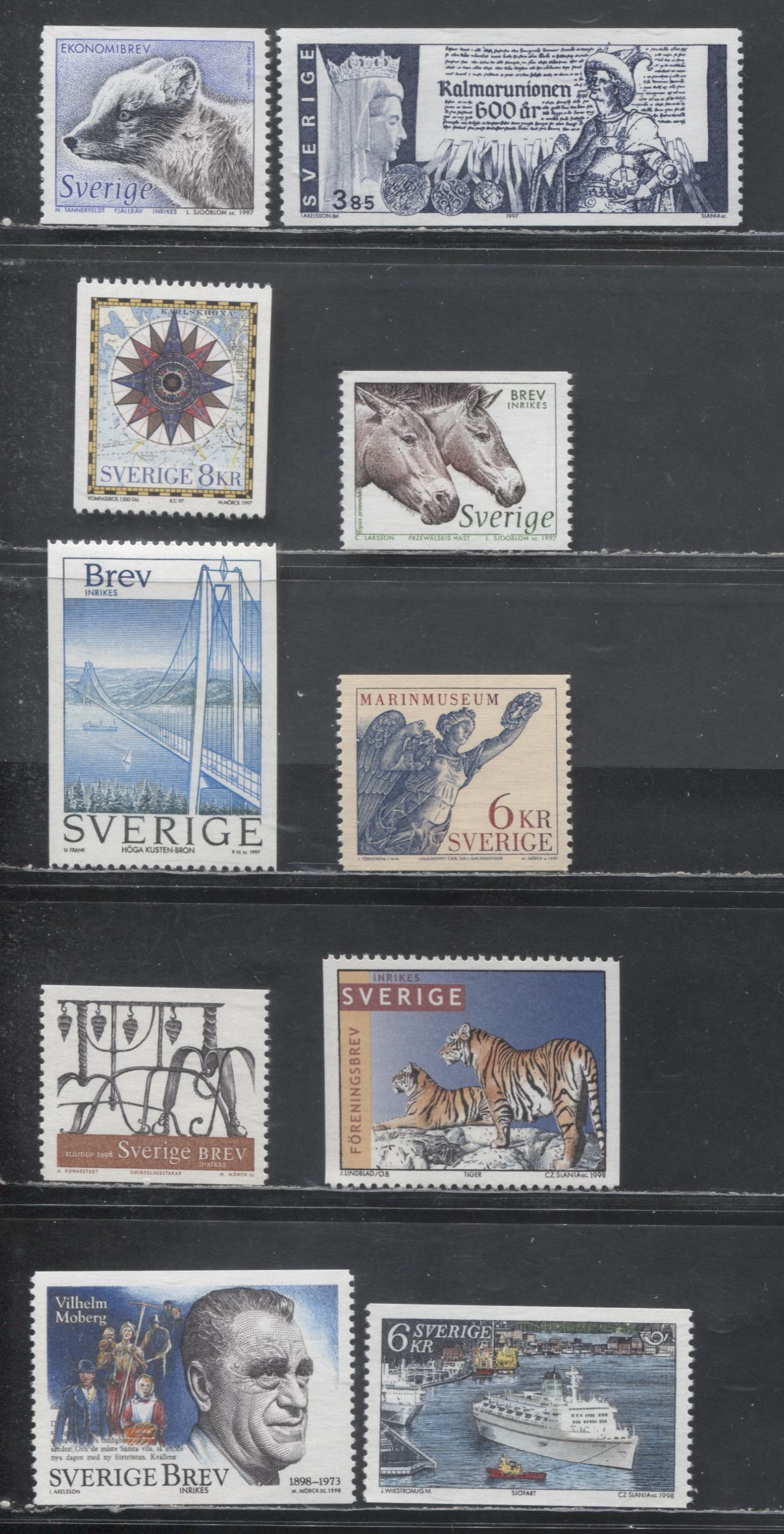 Sweden SC#2216/2289 1997 600th Anniversary of Kalmar Union - 1998 Vilhelm Moberg Issues, With Control Numbers On Back, 10 VFNH Singles, Click on Listing to See ALL Pictures, 2017 Scott Cat. $24