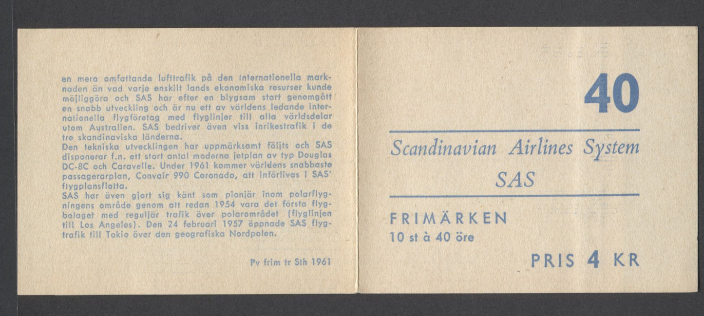 Lot 148 Sweden SC#568a (Facit #H136) 40 Ore Bright Blue 1961 50th Anniversary of SAS Issue, Inverted Pane With 3 of 6 Digits of Control Number in Selvedge, A VFNH Booklet of 10, Click on Listing to See ALL Pictures, Estimated Value $15