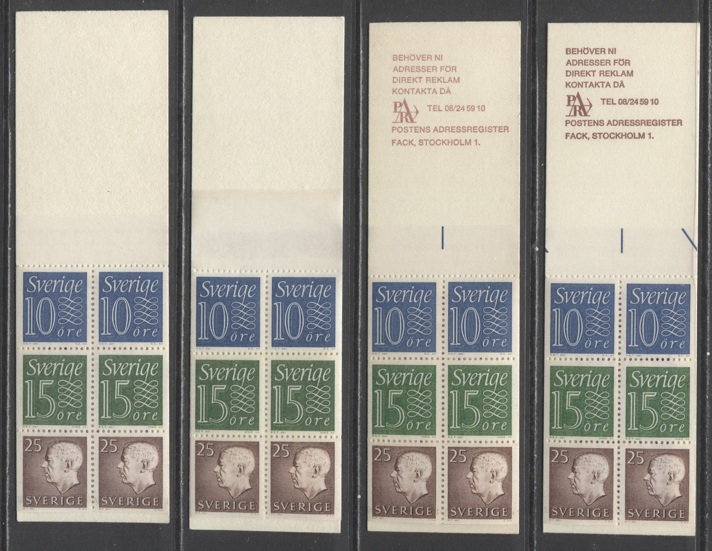 Lot 149 Sweden SC#580a (Facit #HA14B1R)/580a (Facit #HA14F2) 1965-1966 Re-Engraved King Gustav VI Adolf Definitive Issue, All Different With Respect to Back Cover Design, Or Selvedge Markings, 4 VFNH Booklets of 6 (2 +2+2), Estimated Value $15