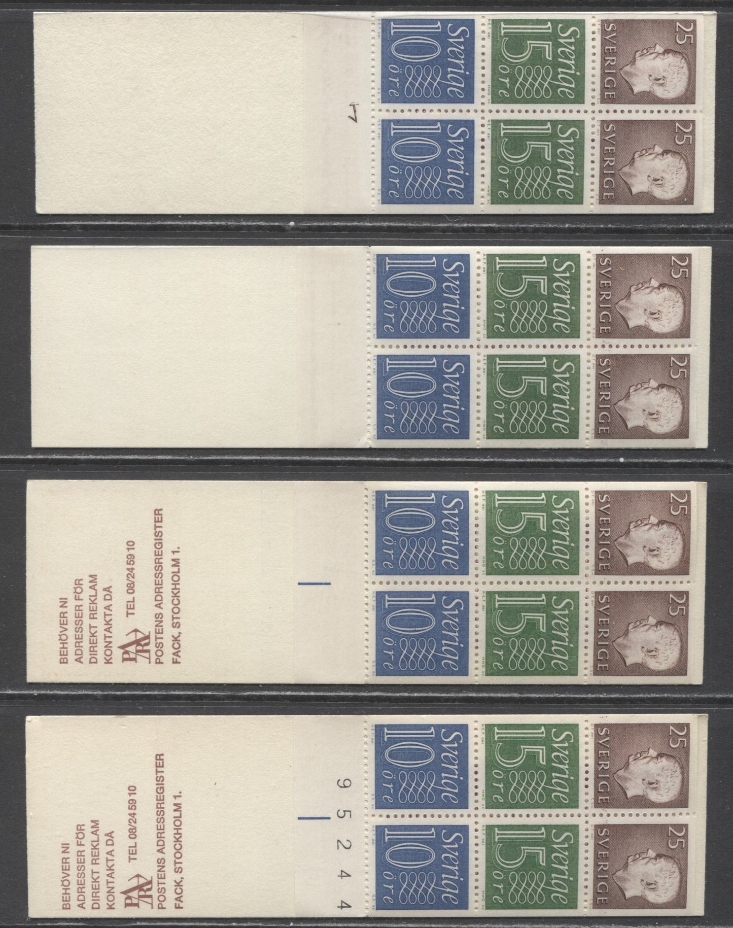 Lot 151 Sweden SC#580a (Facit #HA14C2AO/FO) 1965-1966 Re-Engraved King Gustav VI Adolf Definitive Issue, All Different With Respect to Back Cover Design, Or Selvedge Markings, Different From Lot 149, 4 VFNH Booklets of 6 (2 +2+2), Estimated Value $21