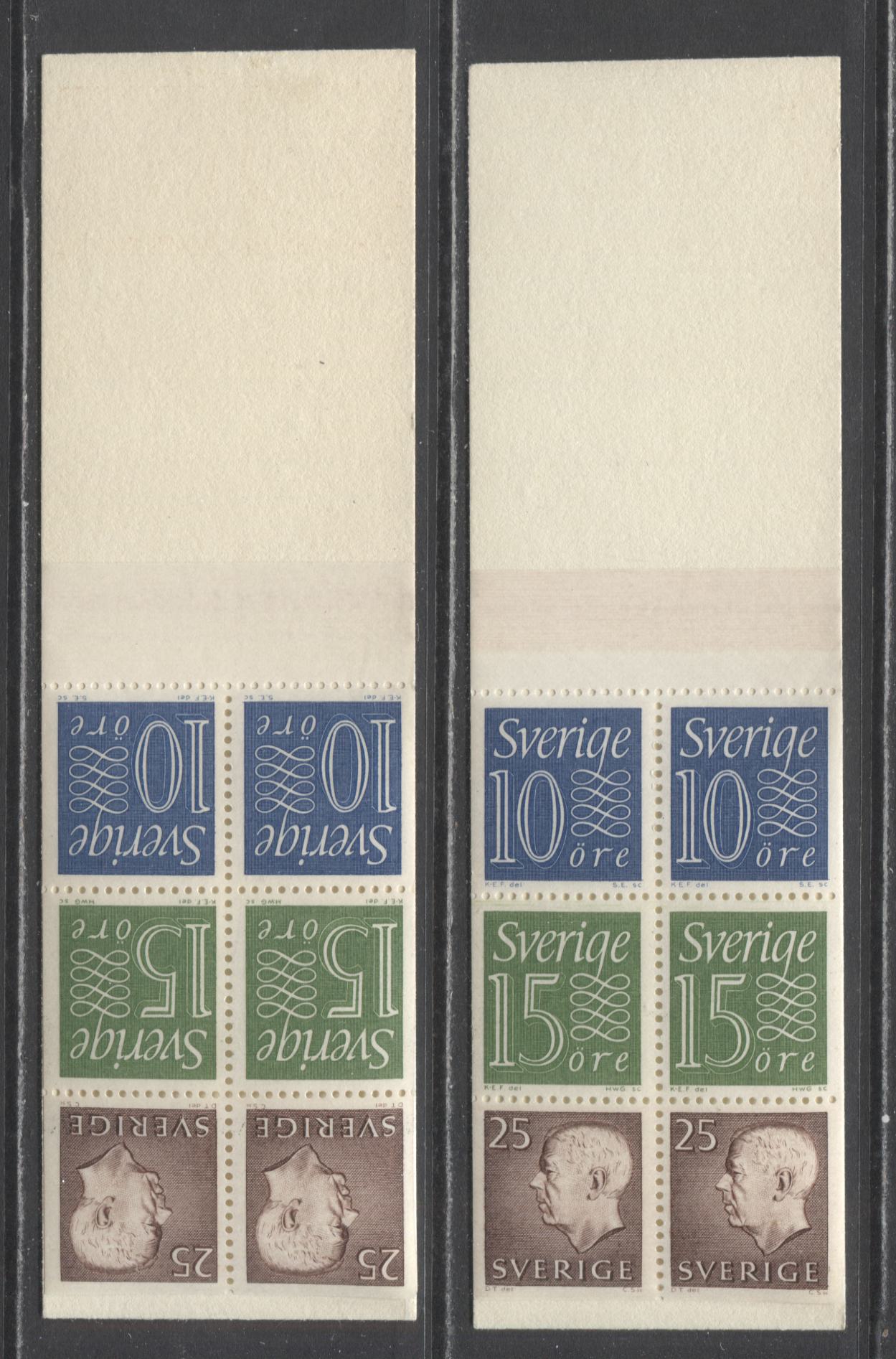 Lot 153 Sweden SC#580a (Facit #HA14A2R/A2O) 1965 Re-Engraved King Gustav VI Adolf Definitive Issue, 3-Line Text and Doves Back Cover, Inverted And Upright Panes, Blank Selvedge, Repeating Text on Front Cover, Estimated Value $10
