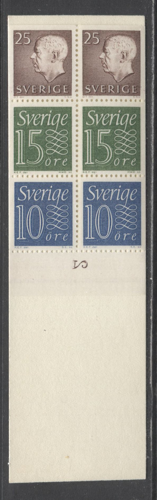 Lot 155 Sweden SC#580a (Facit #HA14A2O)  1965  King Gustav VI Adolf Definitive Issue, 3-Line Text and Doves Back Cover, Inverted Pane, Cylinder 2 Horizontal In Selvedge, A VFNH Booklet of 6 (2 +2+2), Estimated Value $17