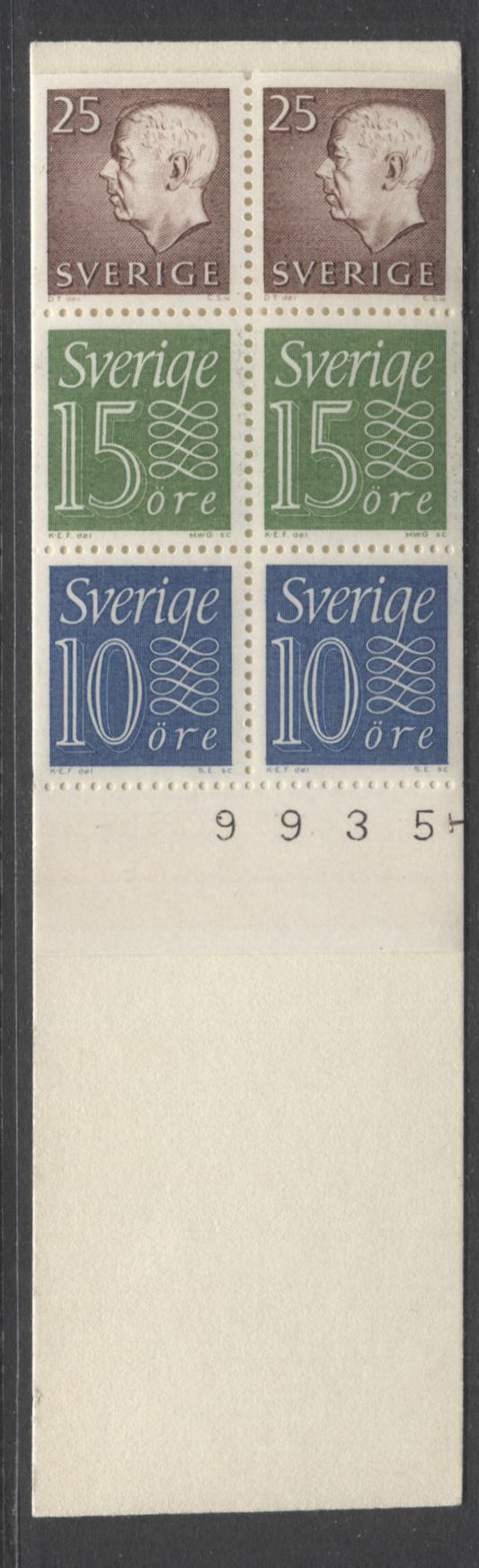 Lot 157 Sweden SC#580a (Facit #HA14A2O) 1965  King Gustav VI Adolf Definitive Issue, 3-Line Text and Doves Back Cover, Inverted Pane, Cylinder 1 Horizontal & 4 Digits of Control Number In Selvedge, A VFNH Booklet of 6 (2 +2+2), Estimated Value $22