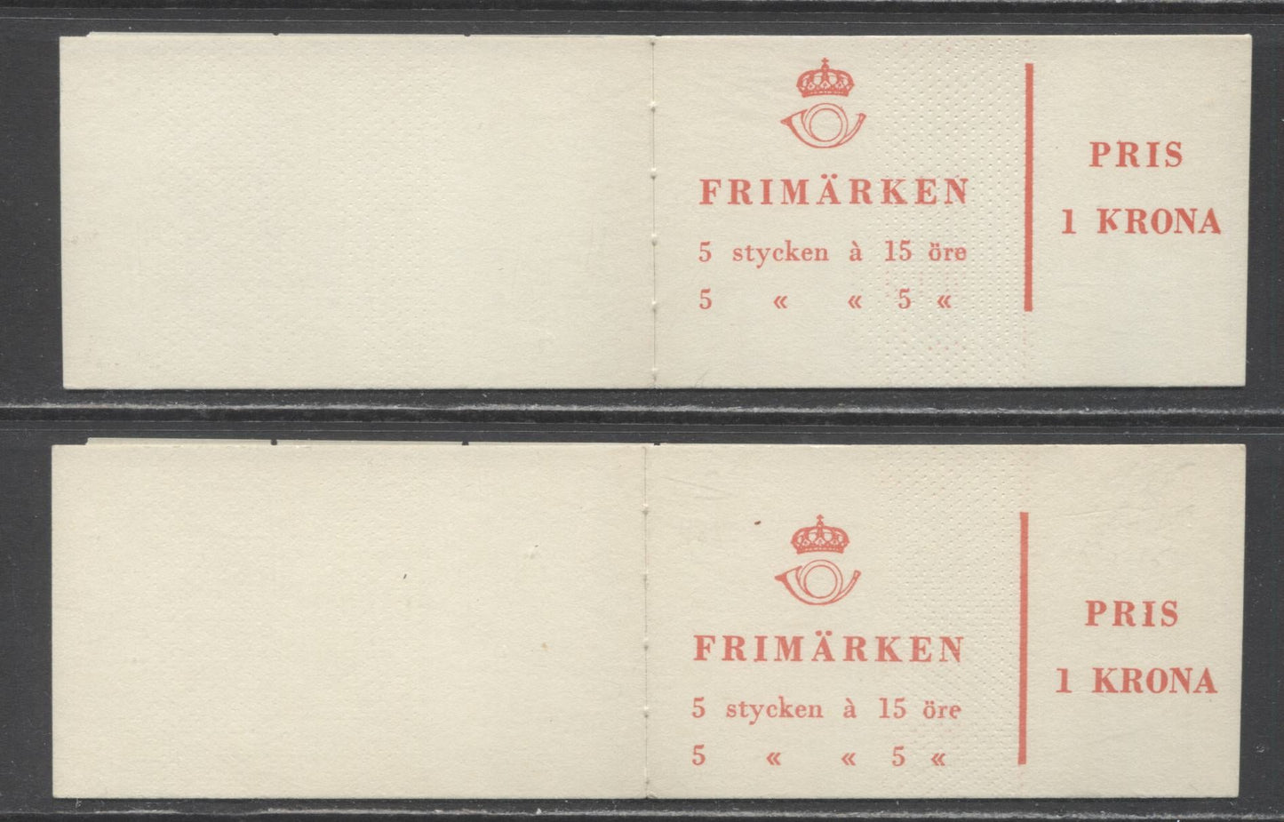 Sweden SC#581b (Facit #HA7RH)/581b (Facit #HA7RV) 1961 Re-Engraved King Gustav VI Adolf Definitive Issue, 5 Ore Stamps on Left and Right Sides Of The Pane, Dot Pattern On Cover, , 2 VFNH Booklets of 10 (5 +5),  Estimated Value $7