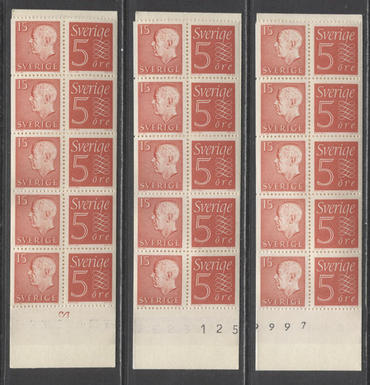 Lot 159 Sweden SC#581b (Facit #HA7OH)/581b (Facit #HA7OH) 1961 Re-Engraved King Gustav VI Adolf Definitive Issue, With three Different Selvedge Markings, Inverted Panes, 5 Ore Stamps on Right, , 3 VFNH Booklets of 10 (5 +5), Estimated Value $10