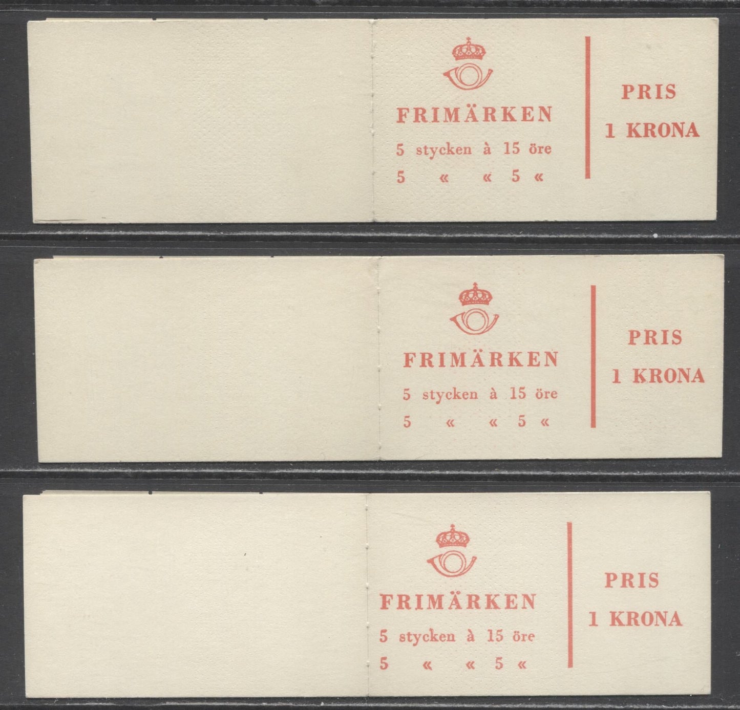 Lot 159 Sweden SC#581b (Facit #HA7OH)/581b (Facit #HA7OH) 1961 Re-Engraved King Gustav VI Adolf Definitive Issue, With three Different Selvedge Markings, Inverted Panes, 5 Ore Stamps on Right, , 3 VFNH Booklets of 10 (5 +5), Estimated Value $10