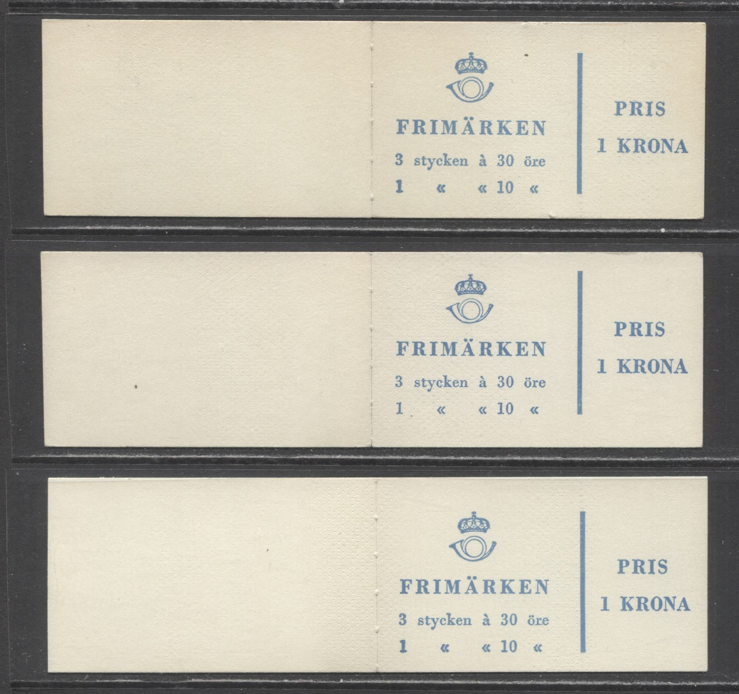 Lot 161 Sweden SC#584b (Facit HA8DV & OH)/584b (Facit HA8DOH) 1961 Re-Engraved King Gustav VI Adolf Definitive Issue, All With Different Selvedge Markings, Inverted Panes, 3 VFNH Booklets of 4 (3 +1), Estimated Value $15