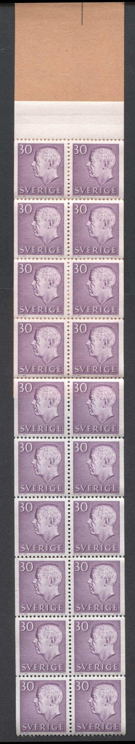 Lot 164 Sweden SC#585a (Facit #H166Bb) 30 Ore Lilac 1964 Re-Engraved King Gustav VI Adolf Definitive Issue, With Rouletted Spine, , A VFNH Booklet of 20, Click on Listing to See ALL Pictures, Estimated Value $20