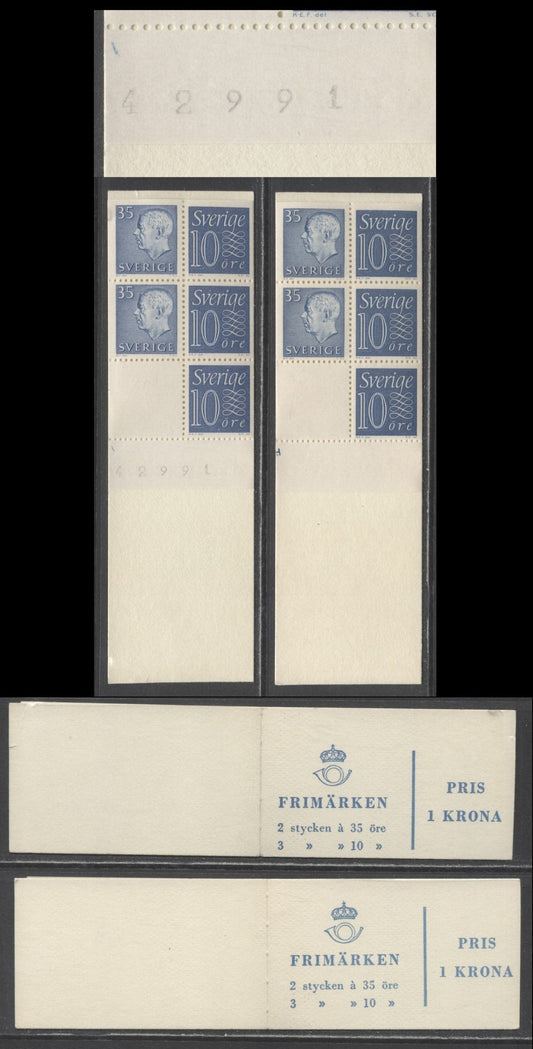 Lot 166 Sweden SC#586b (Facit #HA10OH)/586b (Facit #HA10OH) 1962 Re-Engraved King Gustav VI Adolf Definitive Issue, Inverted Panes, 10 Ore Stamps At Right, Different Selvedge Markings, 2 VFNH Booklets of 6 (2 +3 + Label), Estimated Value $30
