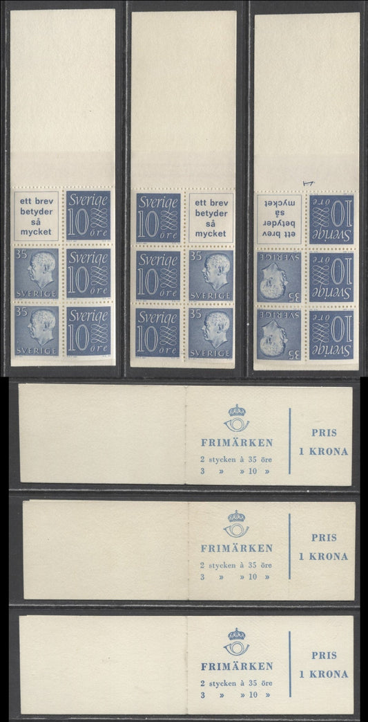 Lot 167 Sweden SC#586c (Facit #HARH)/586c (Facit #HAOV) 1962 Re-Engraved King Gustav VI Adolf Definitive Issue, With Inscribed Labels, Inverted & Upright Panes, 10 Ore Stamps At Right and Left, 3 VFNH Booklets of 6 (2 +3 + Label), Estimated Value $20