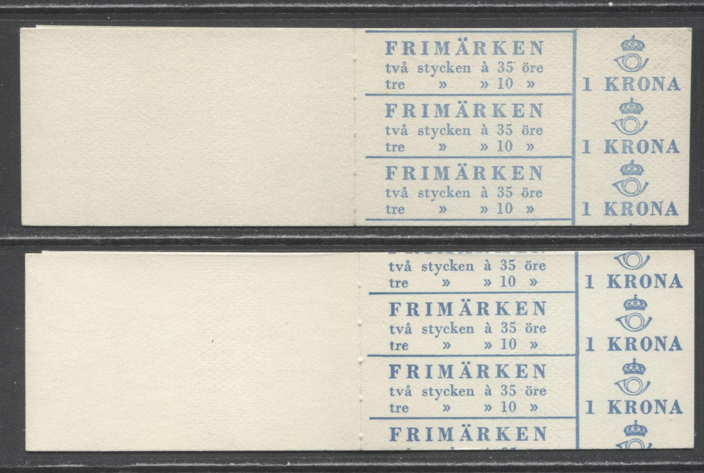 Sweden SC#586c (Facit #HA11BRH)/586c (Facit #HA11BRV) 1963 King Gustav VI Adolf Definitive Issue, With Inscribed Labels, Upright Panes, 10 Ore Stamps At Right and Left, Repeating Text Cover, 2 VFNH Booklets of 6 (2 +3 + Label), Estimated Value $5